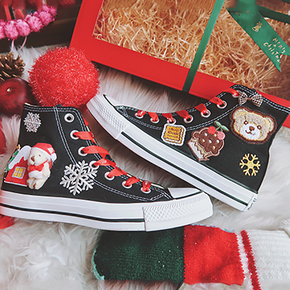 【球鞋定制】Converse All Star 匡威系列 圣诞刺绣小熊章仔黑红 定制帆布鞋