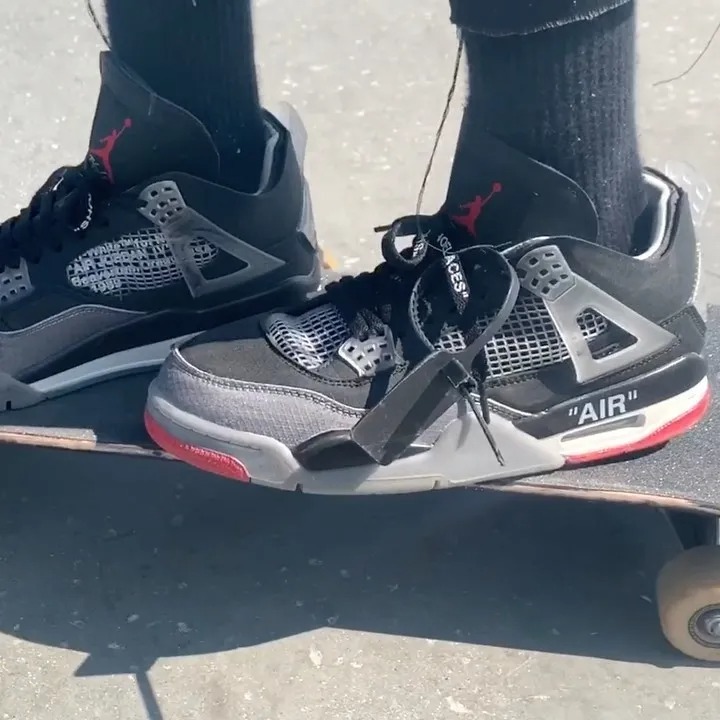 OFF-WHITE,Air Jordan 4,Bred,  未市售 OW x AJ4 上脚滑板第一人！预示即将发售？！