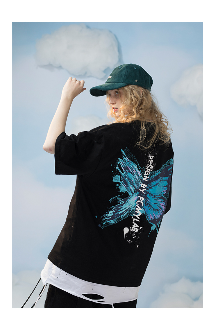 pcmy蝴蝶刷漆短袖t恤ins潮牌个性港风情侣装原宿bf风宽松男女体恤